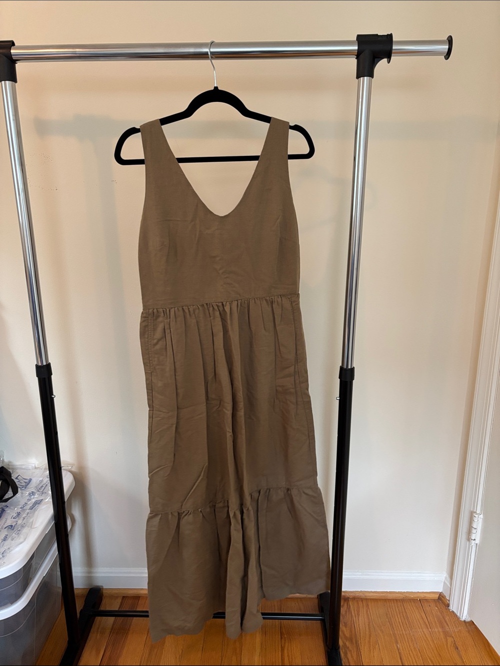 Pact Canopy Linen Tiered Maxi Dress Olive Khaki Green